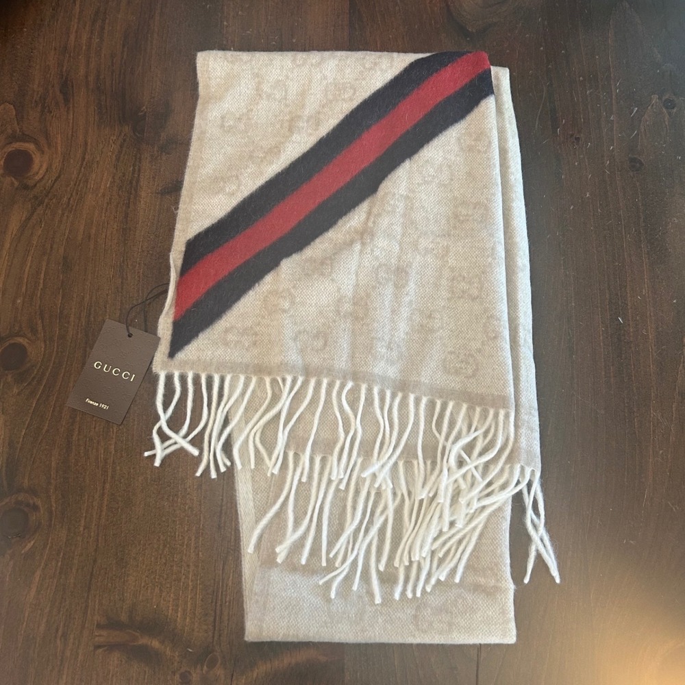 Gucci Nikky Scarf Wool Angora Monogram Stripe Fringe Italy Luxury Soft Classic - Picture 5 of 11